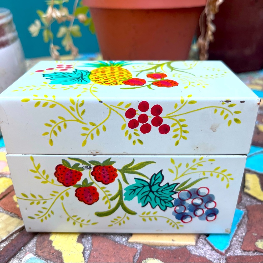 Vintage Acme & Co Metal Recipe Tin Holder Fruit Strawberry Pineapple cherry